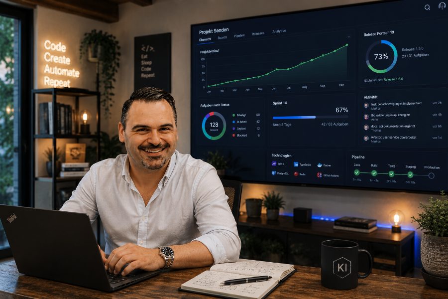 Savvas Filippidis am Arbeitsplatz vor einem Projekt-Dashboard
